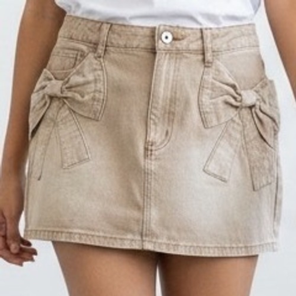 Tan Denim Mini Skirt Large Bow Accents Sand Wash croquette dollette balletcore